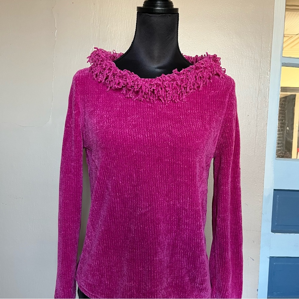 Pink Whimsy twee chenille sweater with fringe collar